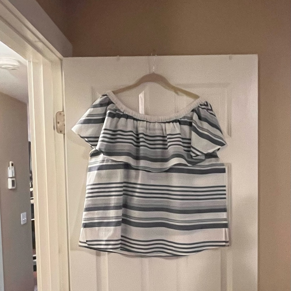 Loft Blue & White striped on or off the shoulder ruffle top blouse.